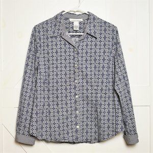 Jones New York Sport button up blouse top long sleeve collar blue floral size L